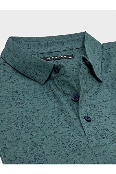 KAMER Plus Size Shirt Collar Short Sleeve Lycra Patterned Green T-Shirt 9505Y