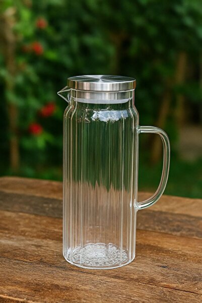 ALLEGRI Metal Kapaklı Cam Boroslikat Sürahi Yağlık Sirkelik Çizgili Ağzı Boğu...