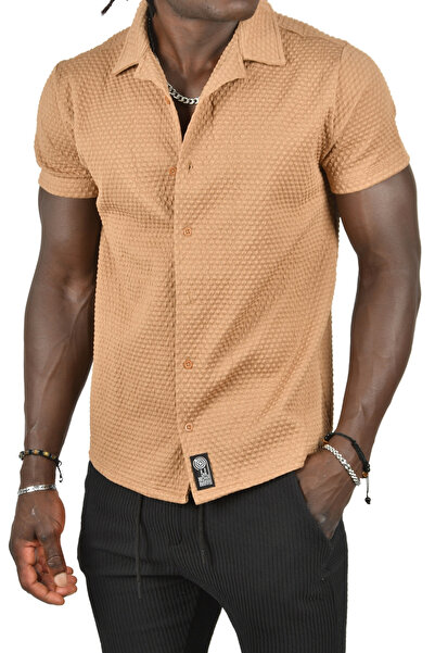 DeepSEA Men's Beige Embossed Dot Patterned Slim Fit Lycra Short Sleeve Combed Cotton Shirt 2403223