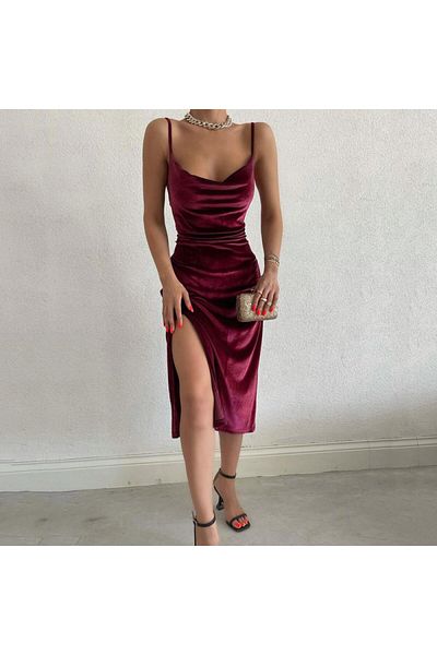 şems fashion Rochie midi din catifea cu decolteu Degaje pentru damă |   Rochie de noapte, invitație și ocazie specială
