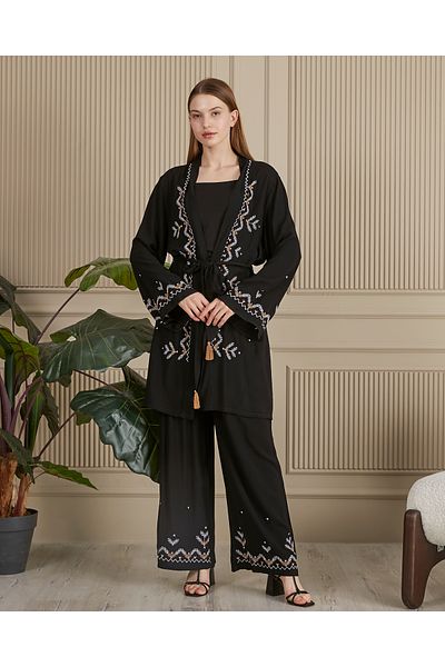 EL jadida Women's Embroidered Belted Plus Size Suit Black Mink