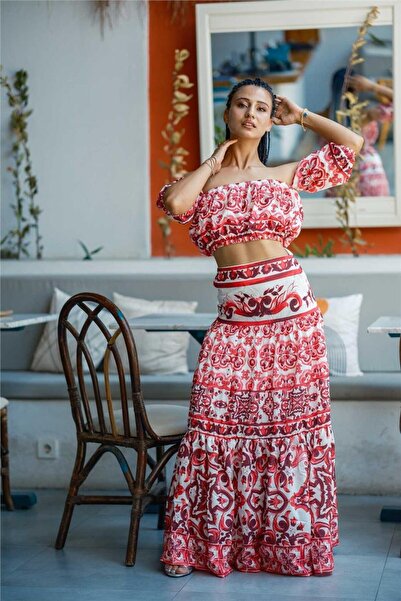 Miss Boheme Pink Patterned Long Skirt Crop Set