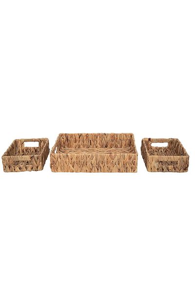 Bahçem Rectangular Water Hyacinth Basket Tray with Decorative Handles Set of 3