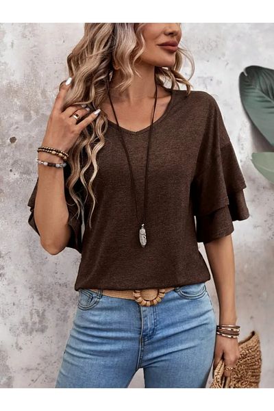REKA MODA    Women's Short Sleeve V-Neck Viscose Blouse