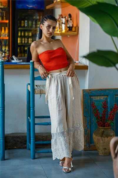 Miss Boheme Cream Color Sequin Detailed and Embroidered Linen Trousers