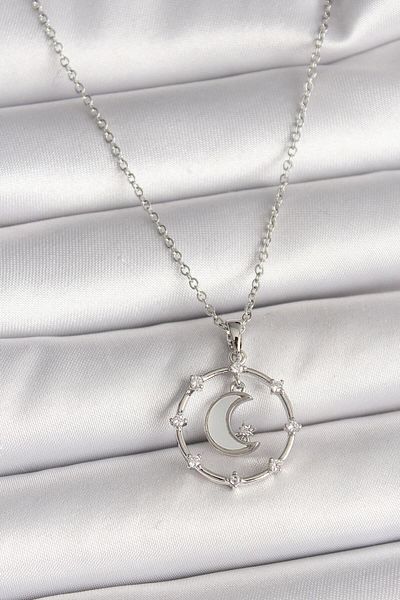 AfraBeauty 316L Steel Silver Color Chain Zircon Stone White Enameled Crescent Model Women's Necklace