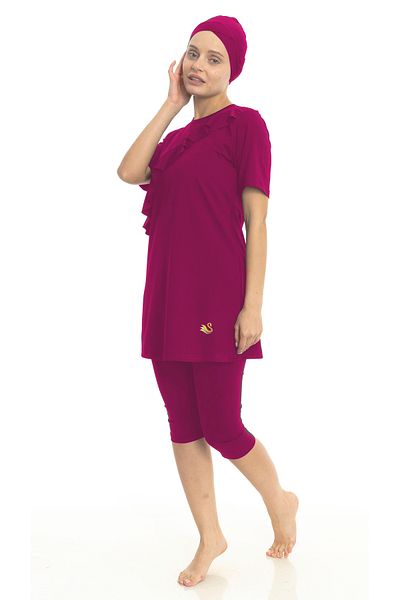 Differend Short Sleeve Semi-Covered Hijab Swimsuit with Ruffle Detail