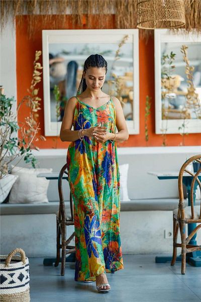 Miss Boheme Green Color Strap Floral Patterned Bohemian Jumpsuit