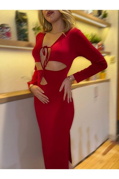 İpeksi Silky Women's Long Sleeve Chest and Belly Low-Cut Detail Sandy Midi Length Dress