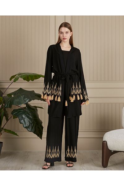 EL jadida Women's Embroidered Belted Plus Size Suit Black Mink