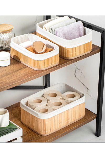 Flash Bazaar Rectangular 3-Piece Basket Bamboo Basket Set Decorative Bathroom Kitchen Organizer Organizer