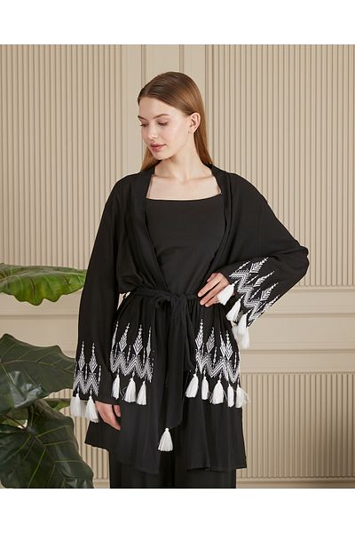 EL jadida Women's Embroidered Belted Plus Size Suit Black White