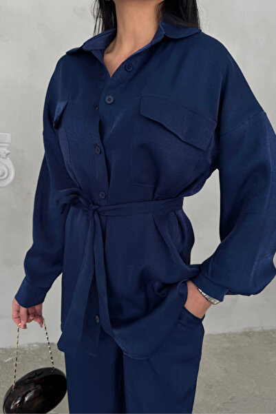 buğrahayalin Silvery Fabric Loose Pants - Shirt Set - Navy Blue