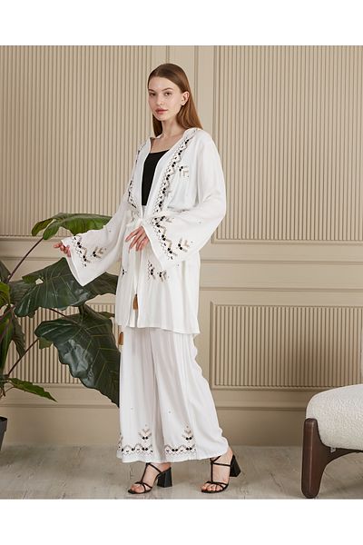 EL jadida Women's Embroidered Belted Plus Size Suit White