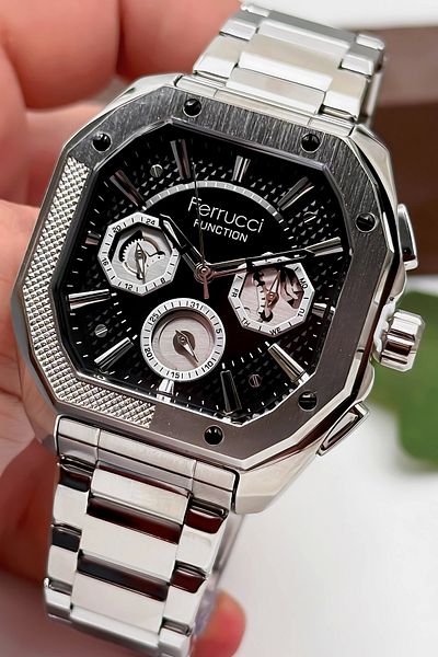 Ferrucci Function Men's Wristwatch Steel Case & Steel Cord Silver-Black Zmfer187