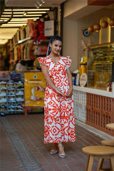 Miss Boheme Red Color V-Neck Bohemian Dress with Sash Detail