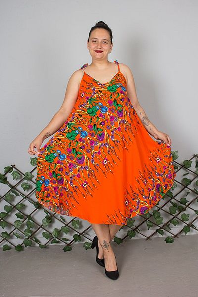 Truva XXL Plus Size Suspender Cotton Patterned Orange Dress – up to Size 50