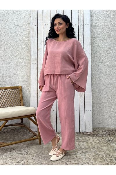 KÜÇÜĞÜM BUTİK Set de două bluze cu pantaloni de muselină pudră (PANTALON-BLUSE)