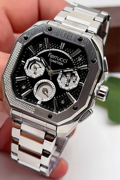 Ferrucci Function Men's Wristwatch Steel Case & Steel Cord Silver-Black Zmfer187