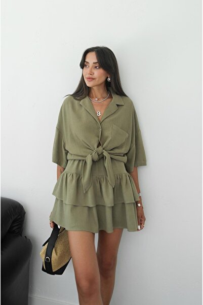 Havoş Khaki Tie Front Shirt Skirt Suit