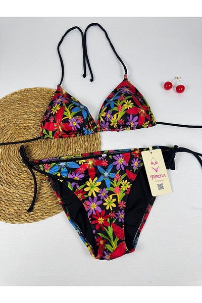 FUNELLA Lycra Black Red Floral Patterned Triangle Stylish Women's Bikini Set