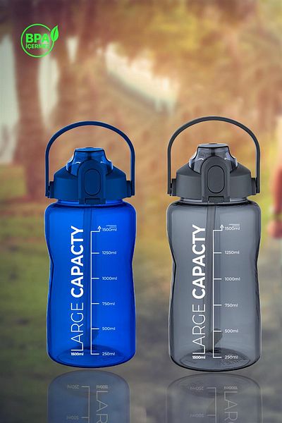 ROYALGROSS Healthy Polycarbonate 1.5L Water Bottle - with Straw, Portable, Blue Gray Color, Large Capacity Water Bottle