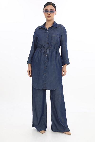EXİTLİNE Women's Double Long Jacket Summer Navy Blue Suit Jacket Trousers