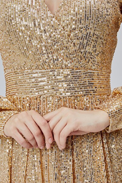 HELVEYS Payet Kumaşlı Kruvaze Yaka Uzun Kollu İç Astarlı Uzun Abiye Elbise HV06063124