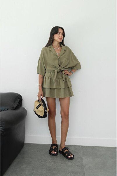 Havoş Khaki Tie Front Shirt Skirt Suit