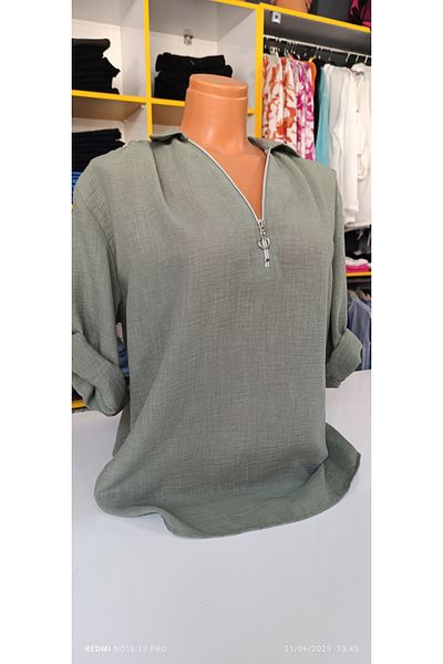 AKŞEN GİYİM Large Size 100% Cotton Three Quarter Sleeve Zipper Detail Foldable Sleeve 65 cm Length Shirt