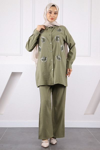 İmajButik Σετ παντελόνι με κεντημένο χακί με χάντρες