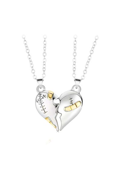 Tessero Set of two necklaces with broken heart-shaped magnetic pendants for couples, friends, silver-colored