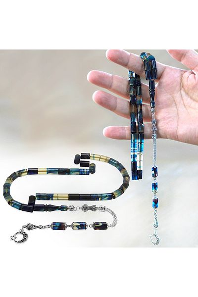 Tesbihane سبحة من الخرز المعدني المقاوم للتشويه باللون الأزرق والأبيض والنار والعنبر