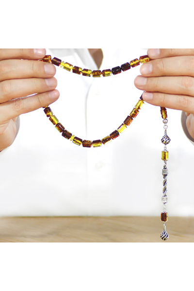 Tesbihane Non-Tarnish Metal Rope Tassel Capsule Cut Yellow - Black Fossil Beirut Amber Prayer Beads