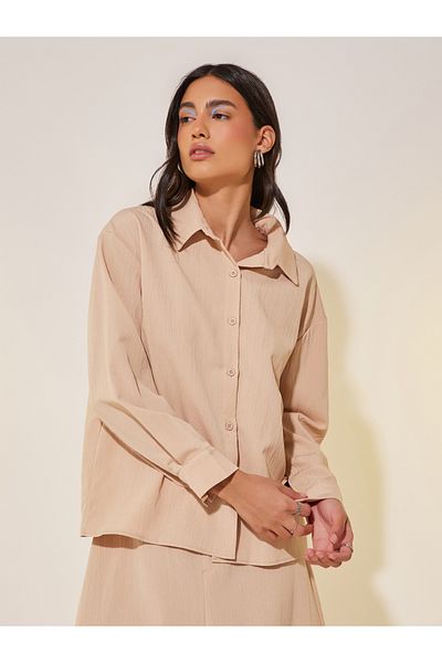 Styli Solid Spread Collar Shirt and Skirt Co-Ords