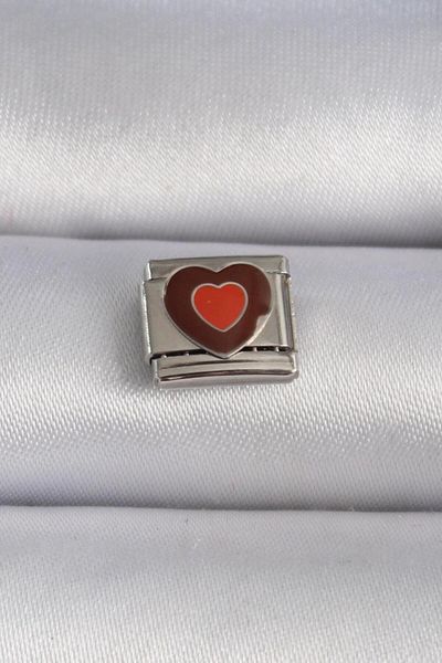 AfraBeauty 316L Steel Silver Color Brown Heart Embroidered Nomination Charm