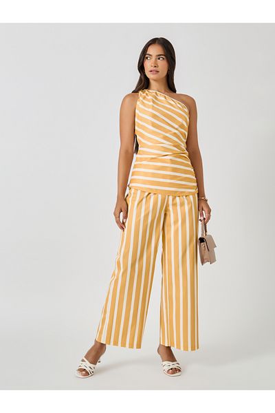 Styli Striped One Shoulder Neck Top and Wide Leg Pants Co-Ords