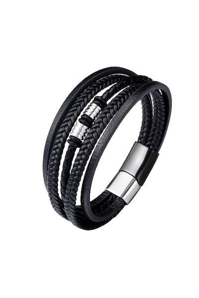 Tessero Brățară bărbătească Tessero - Închizătoare magnetică multi-șiră din piele neagră și argintie