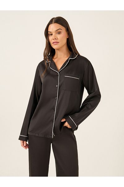 Styli Piped Detail Matte Satin Long Sleeve Pocket Shirt and Pyjama Set