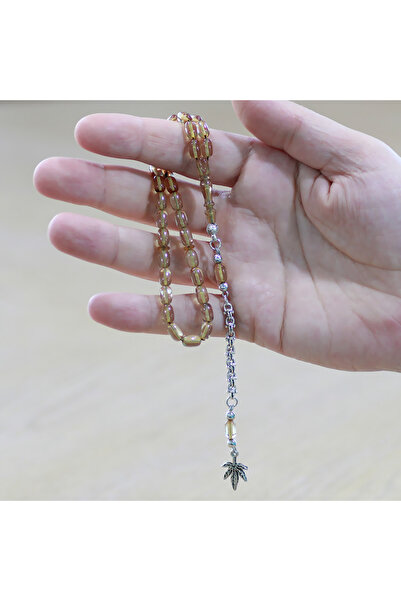 Tesbihane Non-Tarnish Metal Albanian Chain Tassel Capsule Cut Transparent Color Wrist Length Fire Amber Prayer Beads