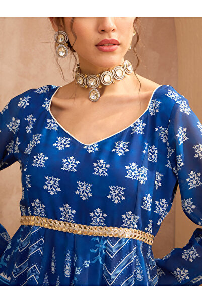 Sassafras By Styli Floral Print Sweetheart Neck Anarkali Kurta with Palazzos Set