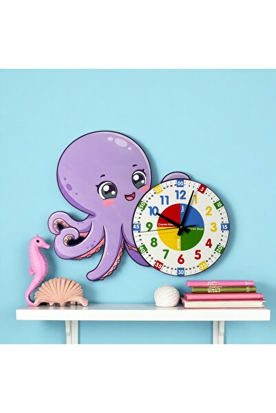 karbonsoft Montessori Eğitici Ahtapot Temalı Renkli Çocuk Duvar Saati | Ahşap...