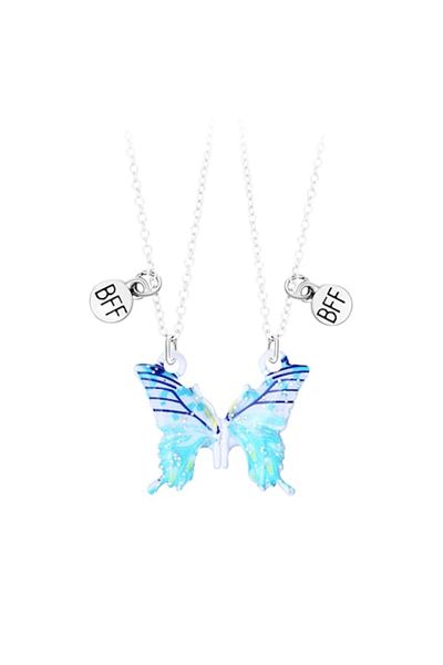 Tessero Set of two magnetic necklaces for friends, BFF, blue butterfly pattern and c charm