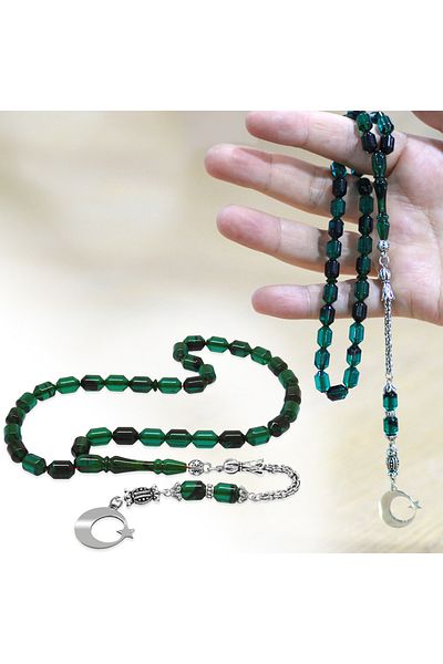 Tesbihane سبحة من الخرز المعدني الأسود المقاوم للتلطيخ مع طرف على شكل كبسولة مكتوب عليها اسم Ayyıldız باللون الفيروزي الأسود