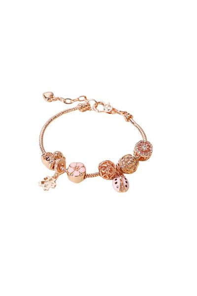 Tessero Brățară de damă cu pandantive, model floral cu buburuză, placată cu aur de 18K, mărime reglabilă 17cm+4cm, zirconiu