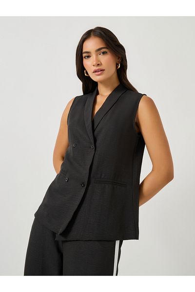 Styli Solid Shawl Collar Sleeveless Blazer and Side Stripe Straight Leg Pants Co-Ords