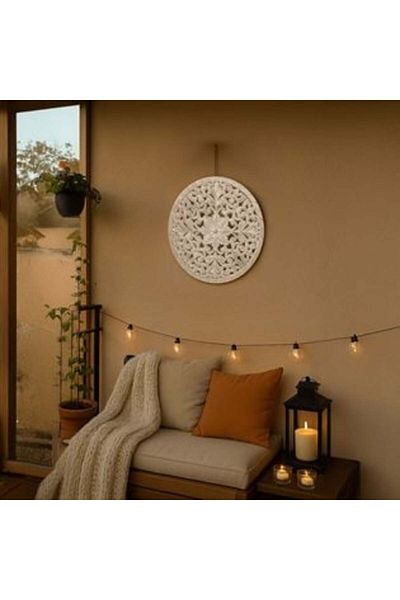OEM Decoratiune de Perete din Lemn Brushed Alb cu Model Etnic Floare Ø50 cm