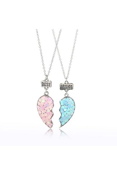 Tessero Set of two necklaces with pendants for friends, BFF, heart-shaped, silver color
