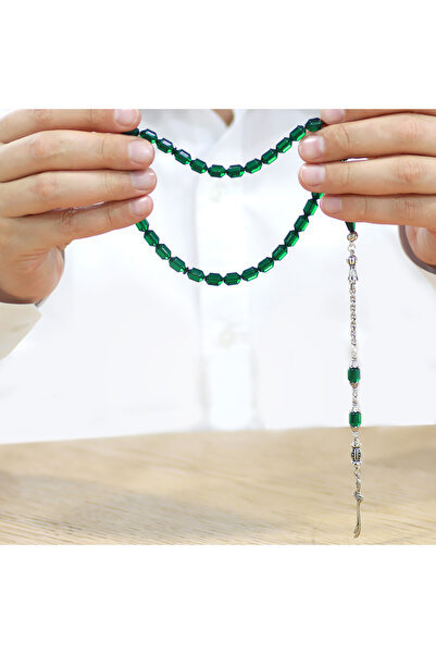 Tesbihane Non-Tarnish Metal Albanian Tassel Tip Capsule Cut Green Fire Amber Prayer Beads