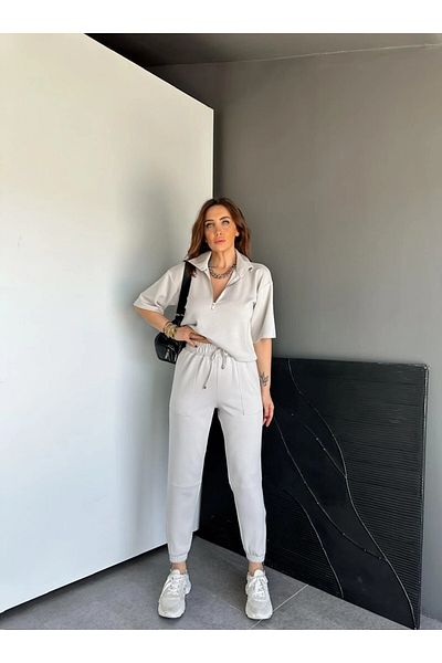 MADAME MELEK Gray Collar and Zippered Leg Suit